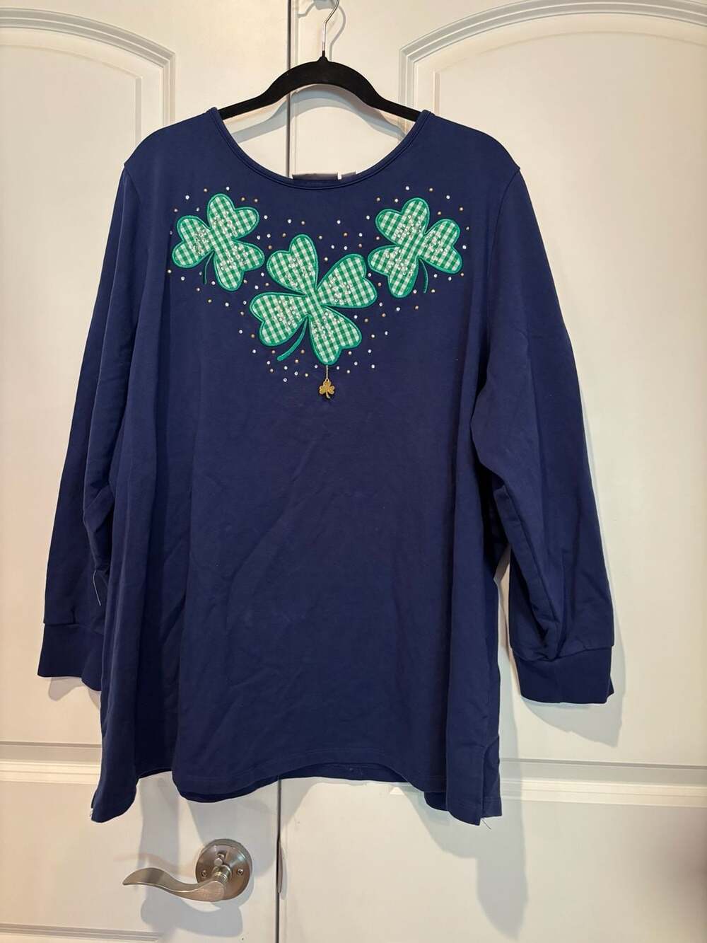 Quacker Factory Shamrock Top Size 3X Blue Long Sleeve Rhinestone Saint Pat